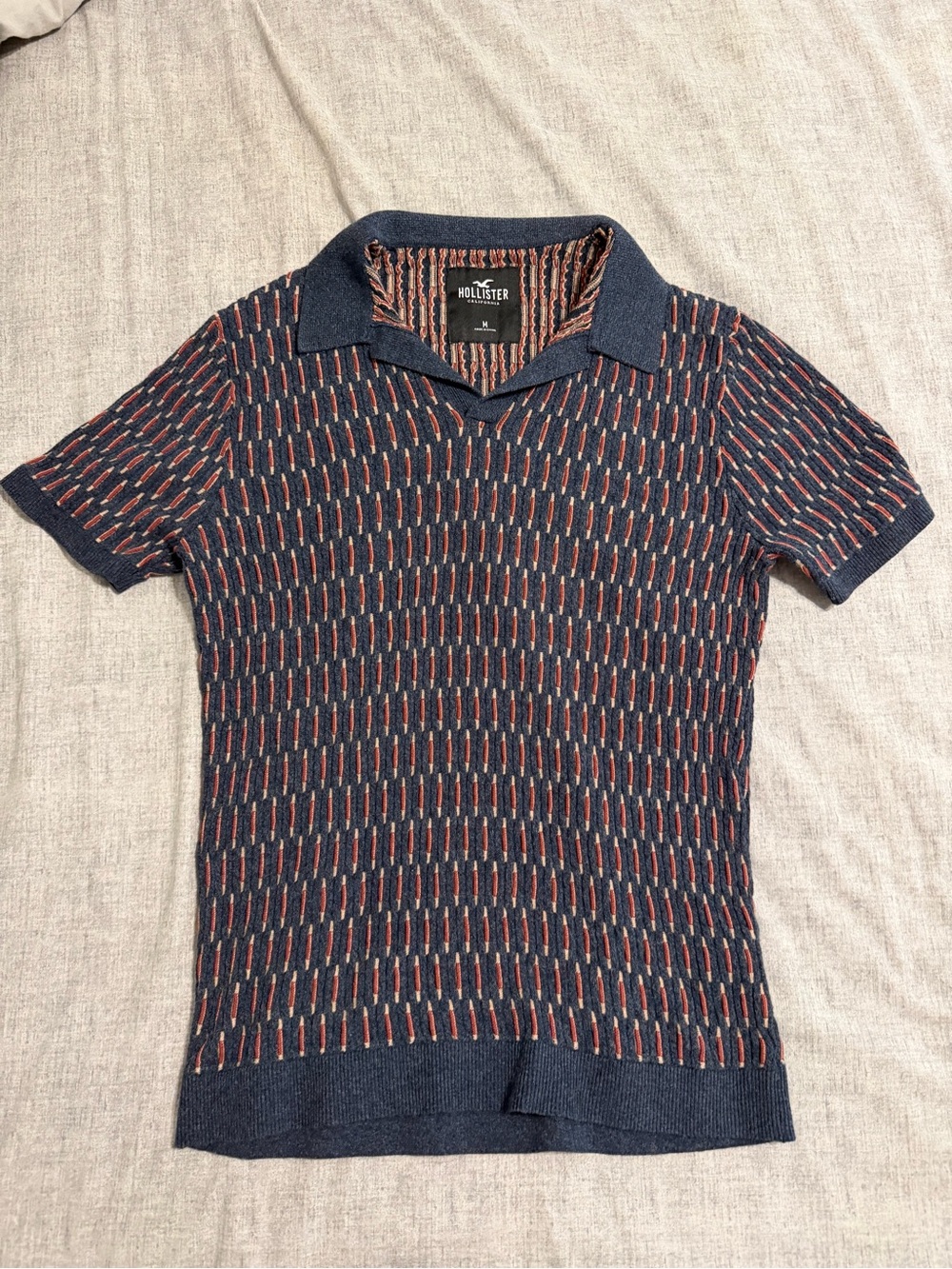Hollister Navy Knit Polo with Red and Cream Stitching